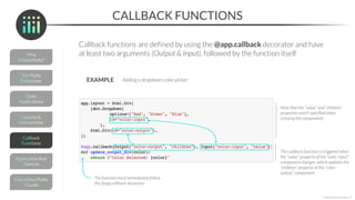 CALLBACK FUNCTIONS
*Copyright Maven Analytics, LLC
Note that the “value” and “children”
properties aren’t specified when
creating the components
This callback function is triggered when
the “value” property of the “color-input”
component changes, which updates the
“children” property of the “color-
output” component
The function must immediately follow
the @app.callback decorator
EXAMPLE Adding a dropdown color-picker
Callback functions are defined by using the @app.callback decorator and have
at least two arguments (Output & Input), followed by the function itself
 