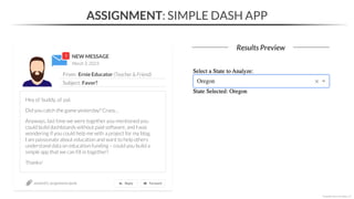 NEW MESSAGE
From: Ernie Educator (Teacher & Friend)
Subject: Favor?
March 3, 2023
ASSIGNMENT: SIMPLE DASH APP
Results Preview
section01_assignments.ipynb
*Copyright Maven Analytics, LLC
Hey ol’ buddy, ol’ pal,
Did you catch the game yesterday? Crazy…
Anyways, last time we were together you mentioned you
could build dashboards without paid software, and I was
wondering if you could help me with a project for my blog.
I am passionate about education and want to help others
understand data on education funding – could you build a
simple app that we can fill in together?
Thanks!
 
