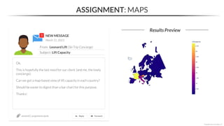 NEW MESSAGE
From: Leonard Lift (Ski Trip Concierge)
Subject: Lift Capacity
March 11, 2023
ASSIGNMENT: MAPS
Results Preview
section02_assignments.ipynb
*Copyright Maven Analytics, LLC
Ok,
This is hopefully the last need for our client (and me, the lowly
concierge).
Can we get a map-based view of lift capacity in each country?
Should be easier to digest than a bar chart for this purpose.
Thanks!
 