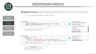 DROPDOWN MENUS
*Copyright Maven Analytics, LLC
Dropdown menus provide a list of options for the user to select (or multi-select)
• dcc.Dropdown(id, options, value, multi)
This sets the names for the columns with
numerical data types as the options
You can use dictionaries to show users
labels in the dropdown that are different
from the values passed through
 