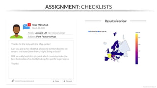 NEW MESSAGE
From: Leonard Lift (Ski Trip Concierge)
Subject: Park Features Map
March 20, 2023
section03_assignments.ipynb
Thanks for the help with the Map earlier!
Can you add a checklist that allows me to filter down to ski
resorts that have Snow Parks, Night Skiing or both?
Will be really helpful to pinpoint which countries make the
best destinations for clients looking for specific experiences.
Thanks!
ASSIGNMENT: CHECKLISTS
Results Preview
*Copyright Maven Analytics, LLC
 