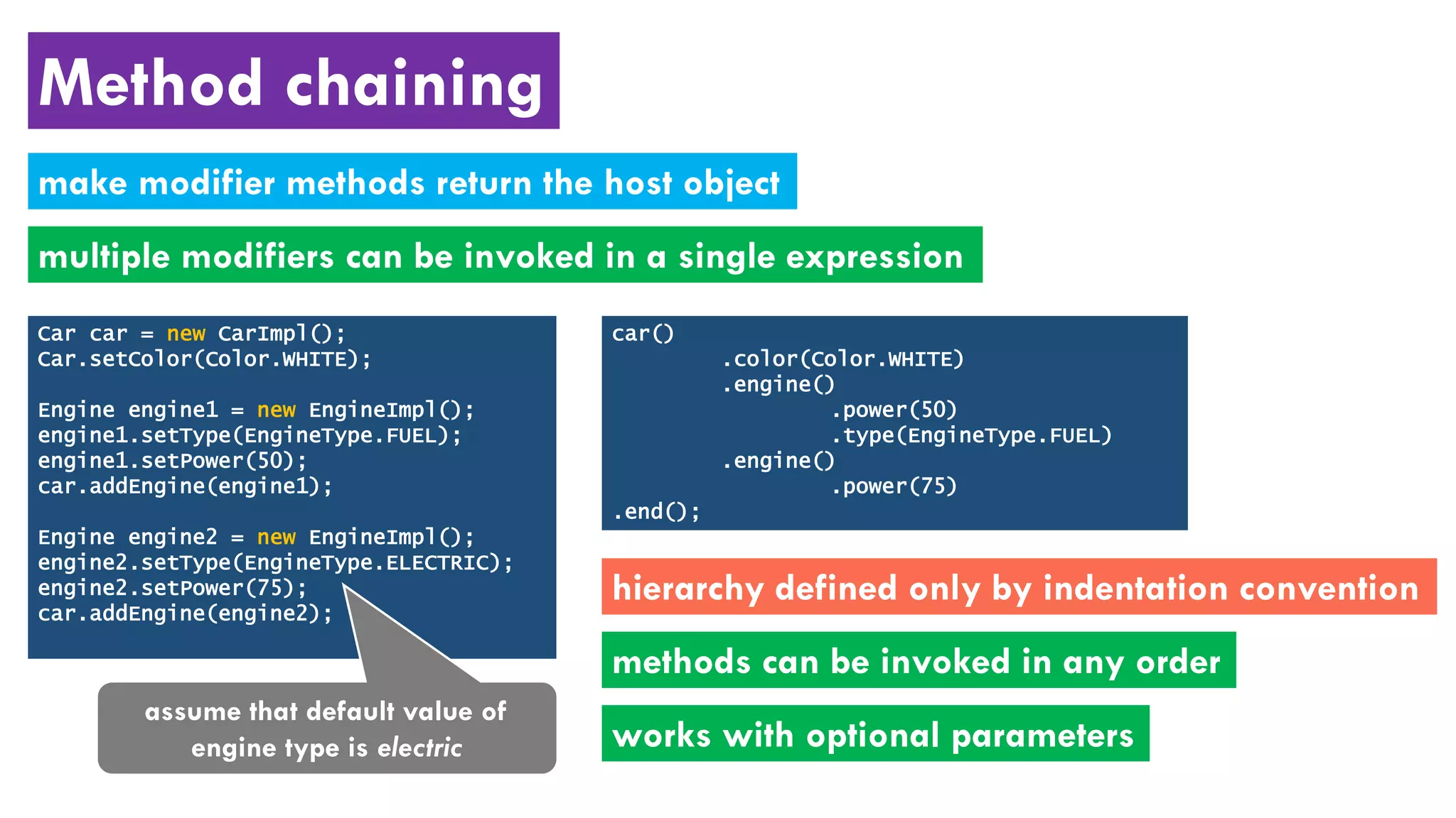 Method chaining
Car car = new CarImpl();
Car.setColor(Color.WHITE);
Engine engine1 = new EngineImpl();
engine1.setType(EngineType.FUEL);
engine1.setPower(50);
car.addEngine(engine1);
Engine engine2 = new EngineImpl();
engine2.setType(EngineType.ELECTRIC);
engine2.setPower(75);
car.addEngine(engine2);
car()
.color(Color.WHITE)
.engine()
.power(50)
.type(EngineType.FUEL)
.engine()
.power(75)
.end();
assume that default value of
engine type is electric
methods can be invoked in any order
hierarchy defined only by indentation convention
works with optional parameters
make modifier methods return the host object
multiple modifiers can be invoked in a single expression
 
