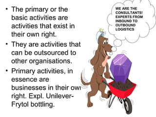• The primary or the         WE ARE THE
                             CONSULTANTS!
  basic activities are       EXPERTS FROM
                             INBOUND TO
  activities that exist in   OUTBOUND
                             LOGISTICS
  their own right.
• They are activities that
  can be outsourced to
  other organisations.
• Primary activities, in
  essence are
  businesses in their own
  right. Expl. Unilever-
  Frytol bottling.
 