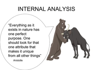INTERNAL ANALYSIS

“Everything as it
exists in nature has
one perfect
purpose. One
should look for that
one attribute that
makes it unique
from all other things”
   Aristotle
 