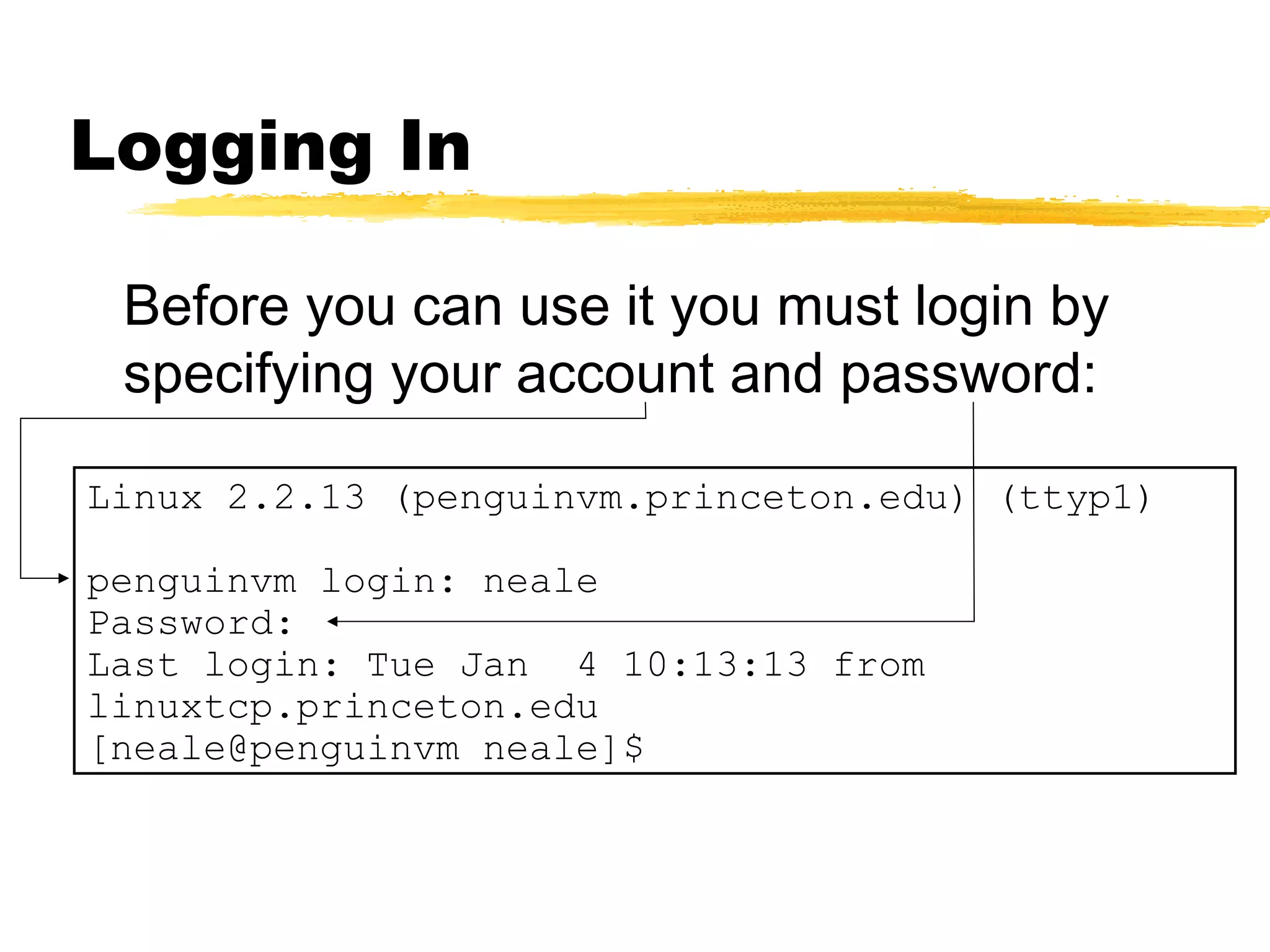 Logging In

 Before you can use it you must login by
 specifying your account and password:

Linux 2.2.13 (penguinvm.princeton.edu) (ttyp1)

penguinvm login: neale
Password:
Last login: Tue Jan 4 10:13:13 from
linuxtcp.princeton.edu
[neale@penguinvm neale]$
 