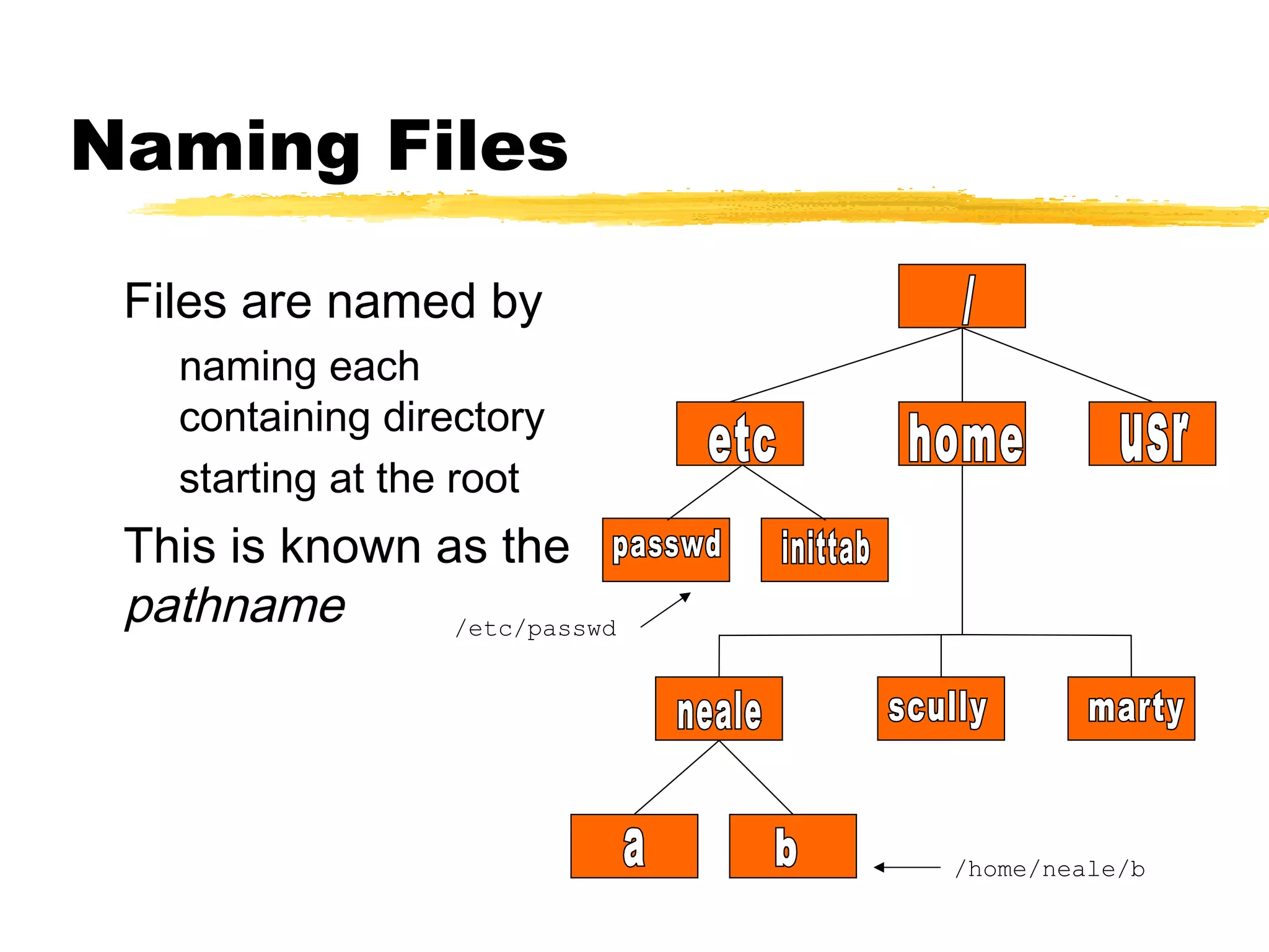 Naming Files

 Files are named by
   naming each
   containing directory
   starting at the root
 This is known as the
 pathname       /etc/passwd




                              /home/neale/b
 