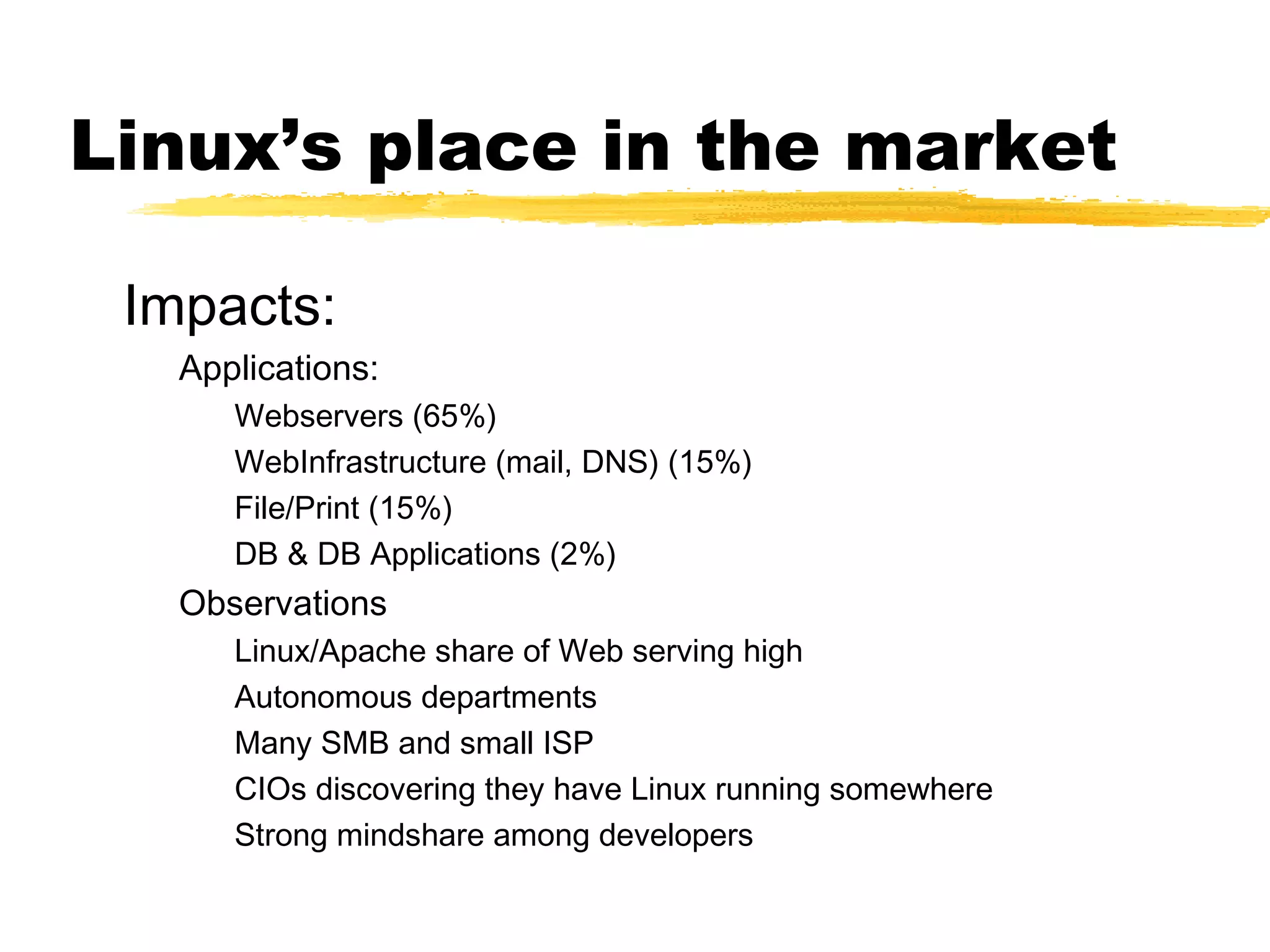Linux’s place in the market

 Impacts:
   Applications:
      Webservers (65%)
      WebInfrastructure (mail, DNS) (15%)
      File/Print (15%)
      DB & DB Applications (2%)
   Observations
      Linux/Apache share of Web serving high
      Autonomous departments
      Many SMB and small ISP
      CIOs discovering they have Linux running somewhere
      Strong mindshare among developers
 