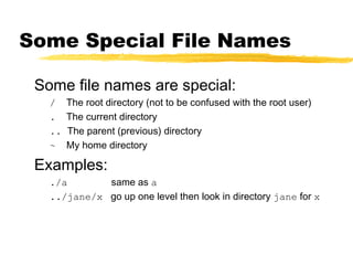 Some Special File Names

 Some file names are special:
   /    The root directory (not to be confused with the root user)
   .    The current directory
   ..   The parent (previous) directory
   ~    My home directory

 Examples:
   ./a       same as a
   ../jane/x go up one level then look in directory jane for x
 
