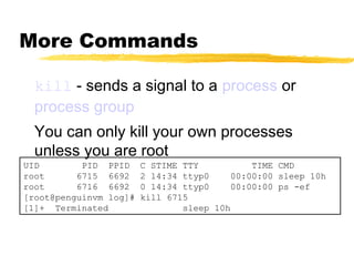 More Commands

  kill - sends a signal to a process or
  process group
  You can only kill your own processes
  unless you are root
UID        PID PPID     C STIME TTY           TIME CMD
root      6715 6692     2 14:34 ttyp0     00:00:00 sleep 10h
root      6716 6692     0 14:34 ttyp0     00:00:00 ps -ef
[root@penguinvm log]#   kill 6715
[1]+ Terminated                 sleep 10h
 