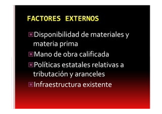 Disponibilidad de materiales y
materia prima
Mano de obra calificada
Políticas estatales relativas a
tributación y aranceles
Infraestructura existente
 