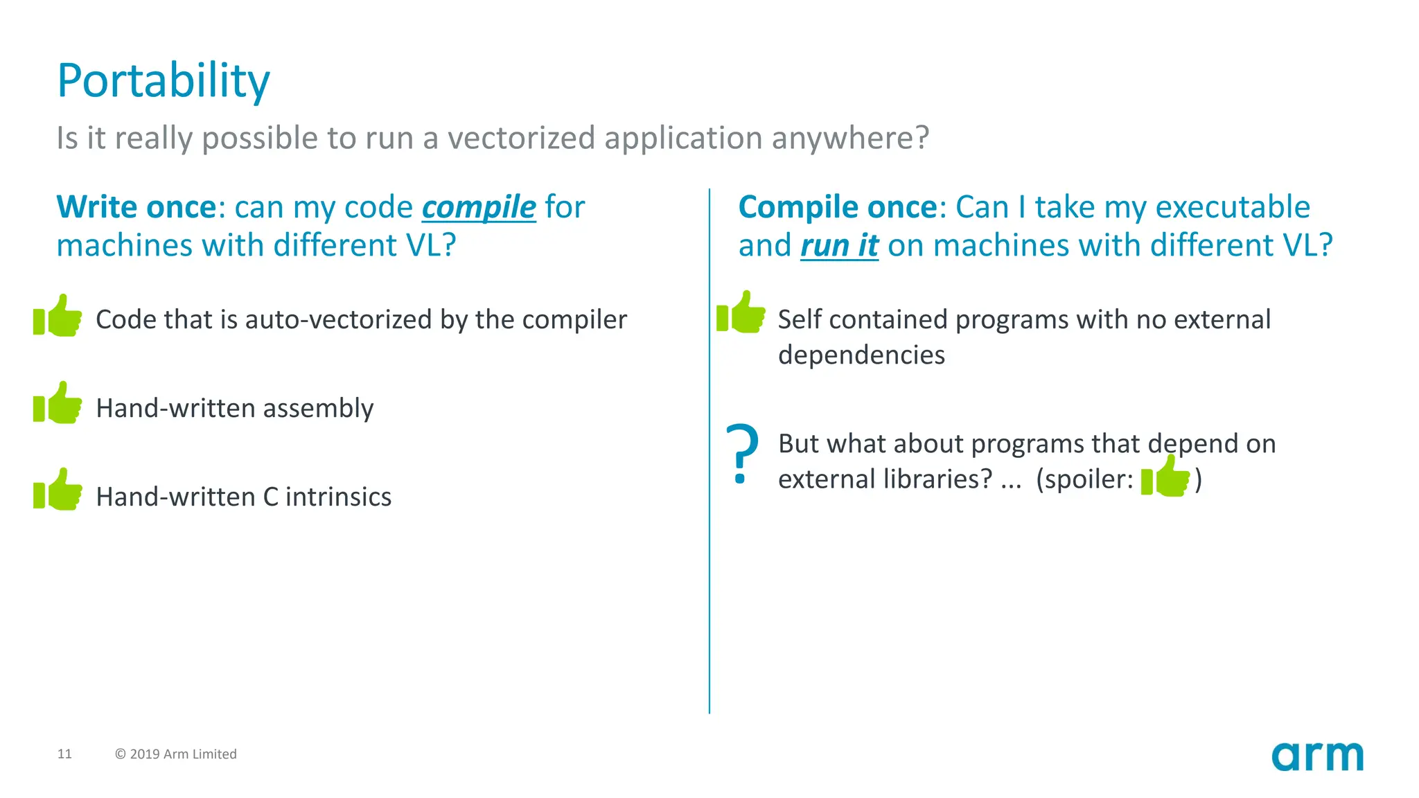 11 © 2019 Arm Limited
Portability
Is it really possible to run a vectorized application anywhere?
Write once: can my code compile for
machines with different VL?
• Code that is auto-vectorized by the compiler
• Hand-written assembly
• Hand-written C intrinsics
Compile once: Can I take my executable
and run it on machines with different VL?
• Self contained programs with no external
dependencies
• But what about programs that depend on
external libraries? ... (spoiler: )
?
 