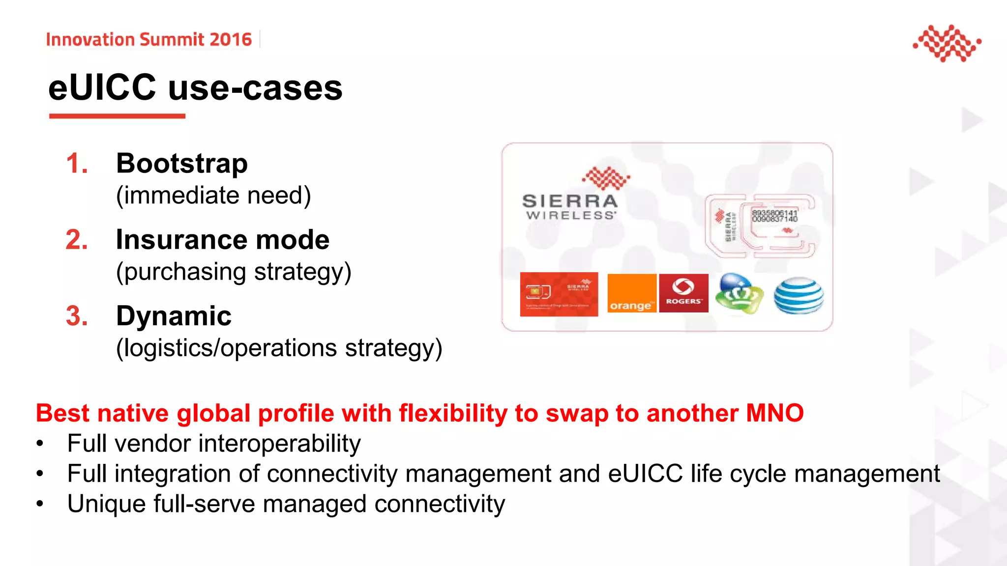 eUICC use-cases
1. Bootstrap
(immediate need)
2. Insurance mode
(purchasing strategy)
3. Dynamic
(logistics/operations strategy)
Best native global profile with flexibility to swap to another MNO
• Full vendor interoperability
• Full integration of connectivity management and eUICC life cycle management
• Unique full-serve managed connectivity
 