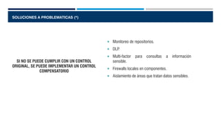 SOLUCIONES A PROBLEMATICAS (*)
SI NO SE PUEDE CUMPLIR CON UN CONTROL
ORIGINAL, SE PUEDE IMPLEMENTAR UN CONTROL
COMPENSATORIO
 Monitoreo de repositorios.
 DLP.
 Multi-factor para consultas a información
sensible.
 Firewalls locales en componentes.
 Aislamiento de áreas que tratan datos sensibles.
 