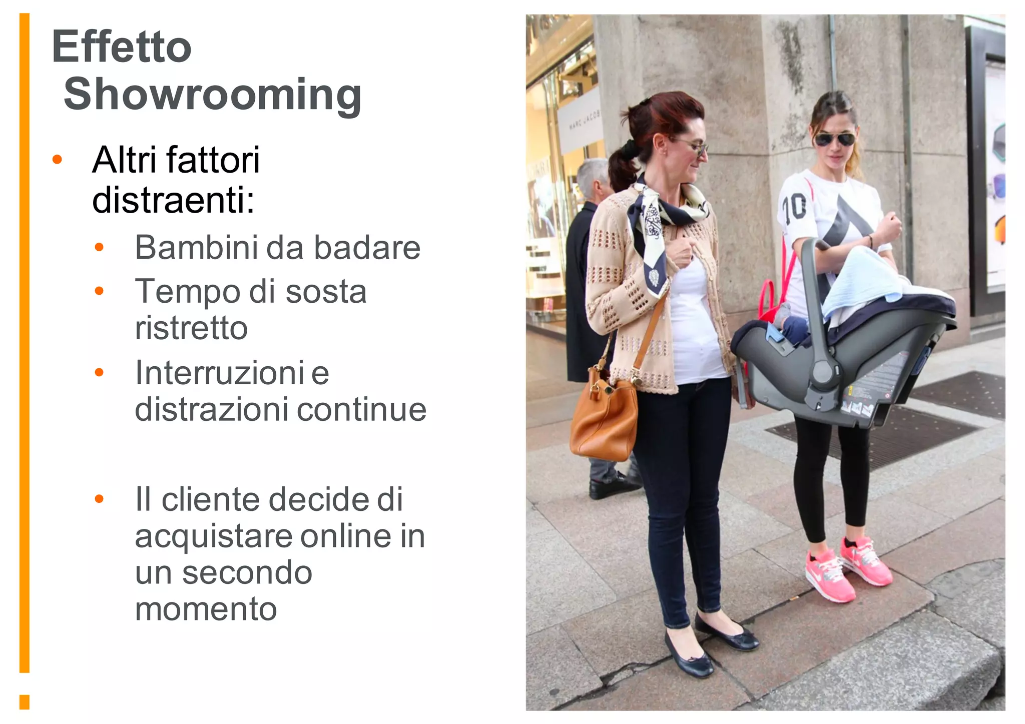 Effetto
Showrooming
• Altri fattori
distraenti:
• Bambini da badare
• Tempo di sosta
ristretto
• Interruzioni e
distrazioni continue
• Il cliente decide di
acquistare online in
un secondo
momento
 