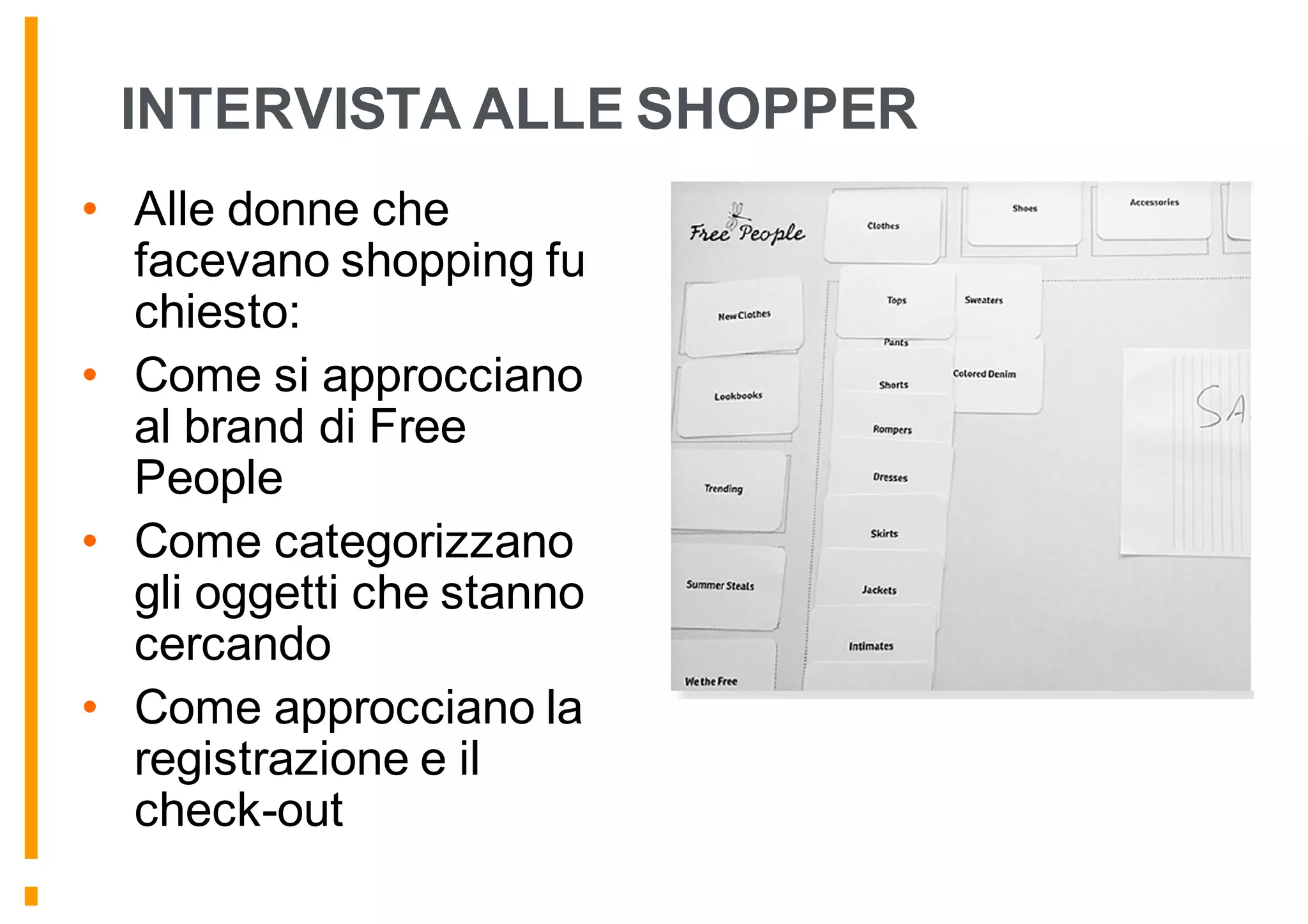 INTERVISTA ALLE SHOPPER
• Alle donne che
facevano shopping fu
chiesto:
• Come si approcciano
al brand di Free
People
• Come categorizzano
gli oggetti che stanno
cercando
• Come approcciano la
registrazione e il
check-out
 