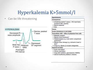 Hyperkalemia K>5mmol/l
• Can be life threatening
 