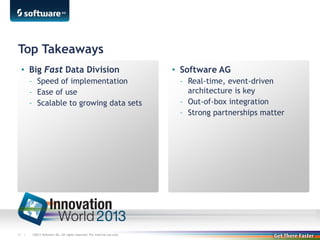 Top Takeaways
• Big Fast Data Division
– Speed of implementation
– Ease of use
– Scalable to growing data sets

13 |

©2013 Software AG. All rights reserved. For internal use only

• Software AG
– Real-time, event-driven
architecture is key
– Out-of-box integration
– Strong partnerships matter

 
