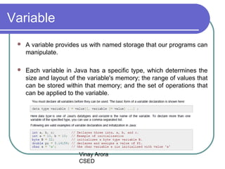 Vinay Arora
CSED
Variable
 A variable provides us with named storage that our programs can
manipulate.
 Each variable in Java has a specific type, which determines the
size and layout of the variable's memory; the range of values that
can be stored within that memory; and the set of operations that
can be applied to the variable.
 