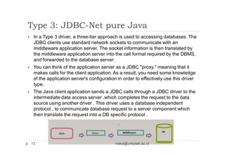 Type 3: JDBC-Net pure Java
 In a Type 3 driver, a three-tier approach is used to accessing databases. The
JDBC clients use standard network sockets to communicate with an
middleware application server. The socket information is then translated by
the middleware application server into the call format required by the DBMS,
and forwarded to the database server.
 You can think of the application server as a JDBC "proxy," meaning that it
makes calls for the client application. As a result, you need some knowledge
of the application server's configuration in order to effectively use this driver
type.
 The Java client application sends a JDBC calls through a JDBC driver to the
intermediate data access server ,which completes the request to the data
source using another driver . This driver uses a database independent
protocol , to communicate database request to a server component which
then translate the request into a DB specific protocol .
13 viska@unsyiah.ac.id
 