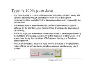 Type 4: 100% pure Java
 In a Type 4 driver, a pure Java-based driver that communicates directly with
vendor's database through socket connection. This is the highest
performance driver available for the database and is usually provided by the
vendor itself.
 This kind of driver is extremely flexible, you don't need to install special
software on the client or server. Further, these drivers can be downloaded
dynamically.
 This is an approach wherein the implemented class in Java (implemented by
the database provider) speaks directly to the database. In other words , it is
a pure Java library that translates JDBC request directly to a Database
specific protocol .
 MySQL's Connector/J driver is a Type 4 driver. Because of the proprietary
nature of their network protocols, database vendors usually supply type 4
drivers.
14 viska@unsyiah.ac.id
 