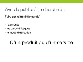 Avec la publicité, je cherche à …Faire connaître (informer de) l’existenceles caractéristiquesle moded’utilisationD’unproduitoud’unservice