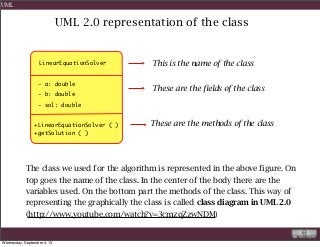 UML 2.0 representation of the class
LinearEquationSolver
- a: double
- b: double
+LinearEquationSolver ( )
+getSolution ( )
- sol: double
The class we used for the algorithm is represented in the above figure. On
top goes the name of the class. In the center of the body there are the
variables used. On the bottom part the methods of the class. This way of
representing the graphically the class is called class diagram in UML 2.0
(http://www.youtube.com/watch?v=3cmzqZzwNDM)
This is the name of the class
These are the fields of the class
These are the methods of the class
UML
Wednesday, September 4, 13
 