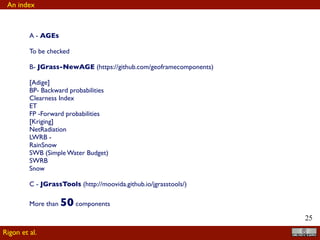 !25
A - AGEs
To be checked
B- JGrass-NewAGE (https://github.com/geoframecomponents)
[Adige]
BP- Backward probabilities
Clearness Index
ET
FP -Forward probabilities
[Kriging]
NetRadiation
LWRB -
RainSnow
SWB (Simple Water Budget)
SWRB
Snow
C - JGrassTools (http://moovida.github.io/jgrasstools/)
More than 50 components
An index
Rigon et al.
 