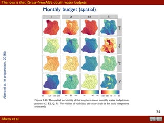 !34
J
80 120 160 200
Q
40 80 160
ET
20 40 60
S
JanAprJulOct
−150 −100 −50 0 50
Figure 5.13: The spatial variability of the long term mean monthly water budget com-
ponents (J, ET, Q, S). For reason of visibility, the color scale is for each component
separately.
Monthly budget (spatial)
Abera et al.
The idea is that JGrass-NewAGE obtain water budgets
Abera, 2017
 