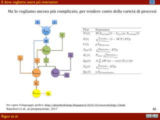 !46
Bancheri M. , A travel time model for the water budgets of complex catchments
Getting the right answers for the right reasons: toward many “embedded” reservoirs.
R	
R	 S	
Ssnow	
M	
SCanopy	
E	
Tr	
SRootzone	
TRZ	
SRunoﬀ	
TR	
Re	
SGroundwater	
QR	
QG	
U	
The entire model is based on the assumption that the water budget has been solved
and the ﬂuxes are known.
Flux Expression
Tr(t) H(Scanopy(t) Imax)ac Scanopy(t)
E(t)
Scanopy
SCanopymax
(1 SCF) ETp
U(t) p SRootzone
TRZ(t) SRootzone
SRootzonemax
ETp
Re(t) Pmax
SRootzone
SRootzonemax
QR(t) A
R t
0
uW(ut ⌧)↵(⌧)Tr(⌧)d⌧
TR(t)
SRunoff
SRunoffmax
ETp
QG(t) a SGroundwater
E dove vogliamo avere più interazioni
Bancheri et al., in preparazione, 2017
Per capire il linguaggio grafico: http://abouthydrology.blogspot.it/2016/10/reservoirology-2.html
Ma lo vogliamo ancora più complicato, per rendere conto della varietà di processi
Rigon et al.
 