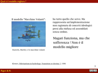 !5
Qual è il modello migliore ?
Rigon & Al.
Dasterly, Muttley e le macchine volanti
Il modello “Macchine Volanti”: ha tutto quello che serve. Ma
rappresenta un’implementazione
non ragionata di concetti idrologici
presi alla rinfusa ed assemblati
senza ordine.
Magari funziona, ma che
sofferenza ! Non è il
modello migliore
Klemes, Dilettantism in hydrology: Transition or destiny ?, 1986
 