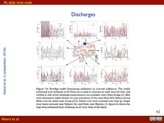 !62
function of basin water storage, for instance Q and ET, good estimation of water storage
of a model has inference to its reasonable computation of other ﬂuxes as well (Döll et al.,
2014). GRACE data is an extraordinary resource to assess the over all performance of
the simulation, at least at the basin scale.
8
9
10
11
12
35 36 37 38 39 40
long
lat
3.0
3.5
4.0
4.5
5.0
Precip(mm/day)
8
9
10
11
12
35 36 37 38 39 40
long
lat
1000
1200
1400
1600
1800
Precip(mm/year)a b
Figure 7.4: The spatial distribution of daily mean (a) and annual mean rainfall estimated
from long term data (1994-2009).
Final rainfall estimates
Abera et al.
but can be corrected
Aberaetal,2016
 