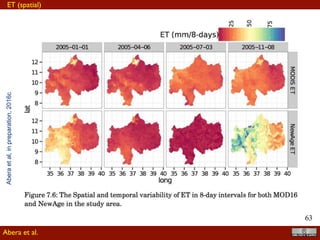 !63
We divide the UBN basin into 402 subbasins and channel links as shown in ﬁgure 7.2.
This spatial partitioning may not be the ﬁnest scale possible, however, considering the
size of the basin, it can be considered an acceptable compromise to capture the water
budget spatial variability.
ADIGE: Rainfall-runoff
Figure 7.3: Workﬂow with a list of NewAge components (in white), and remote sensing
data processing parts (gray shaded, not yet included in JGrass-NewAGE but performed
with R tools) used to derive the water budget of UBN. It does not include the components
used for the validation and veriﬁcation processes.
The Modelling Solution
calibration phase
Abera et al.
Schemes of work
Aberaetal,inreview,2016c
 