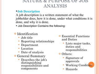 NATURE & PURPOSE OF JOB ANALYSIS Identification Job title Reporting relationships Department Location Date of analysis General Summary Describes the job’s distinguishing responsibilities and components Essential Functions and Duties Lists major tasks, duties and responsibilities Others: Signature of approvals Working Condition Hazards Job Description   A job description is a written statement of what the jobholder does, how it is done, under what conditions it is done, and why it is done. Job Description Contains the following: 