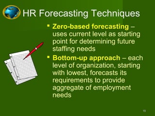 HR Forecasting Techniques
      Zero-based forecasting –
       uses current level as starting
       point for determining future
       staffing needs
      Bottom-up approach – each
       level of organization, starting
       with lowest, forecasts its
       requirements to provide
       aggregate of employment
       needs

                                     15
 