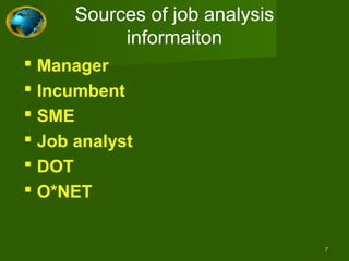 Sources of job analysis
           informaiton
 Manager
 Incumbent
 SME
 Job analyst
 DOT
 O*NET


                                7
 