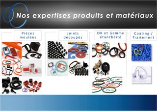 Nos expertises produits et matériaux
Pièc es
mou lées
Joint s
d écou p és
O R et Gamme
étan c h éité
Coat in g /
Traitement
 