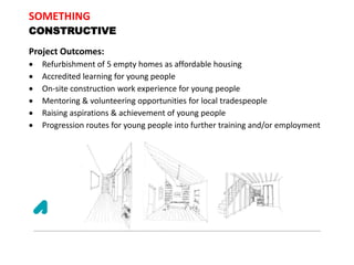 SOMETHING
CONSTRUCTIVE
Project Outcomes:
 Refurbishment of 5 empty homes as affordable housing
 Accredited learning for young people
 On-site construction work experience for young people
 Mentoring & volunteering opportunities for local tradespeople
 Raising aspirations & achievement of young people
 Progression routes for young people into further training and/or employment
 