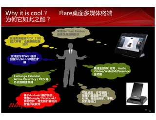 Why it is cool ?                Flare

                               采用Harman Kardon
                               的高保真音响系统
 支持高清视频720P, 11吋
 超大屏幕，全触屏拖拉拽
      操作



 支持蓝牙和WiFi连接，
 预留3G/4G USB插口扩
       展

                                                 集成全部UC 应用，Audio
                                                 /Video/Web/IM/Presence
                                                 全功能
   Exchange Calendar,
   Active Directory / OCS 等
   办公应用全集成


                                            可支桌面，亦可便携；
         基于Android 操作系统，                    基座扩展涵盖千兆网、
         预置Google/ Facebook/                USB、低音炮喇叭、手柄、
         系列软件，并支持扩展和开                       耳机等接口
         发客户化软件
                                                                          91
                                                                               91
 