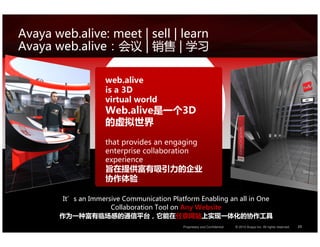 Avaya web.alive: meet | sell | learn
Avaya web.alive       |        |

                    web.alive
                    is a 3D
                    virtual world
                    Web.alive是一个3D
                    的虚拟世界

                    that provides an engaging
                    enterprise collaboration
                    experience
                    旨在提供富有吸引力的企业
                    协作体验

        It’s an Immersive Communication Platform Enabling an all in One
                      Collaboration Tool on Any Website
       作为一种富有临场感的通信平台，它能在任意网站上实现一体化的协作工具
                                            Proprietary and Confidential   © 2010 Avaya Inc. All rights reserved.   32
 
