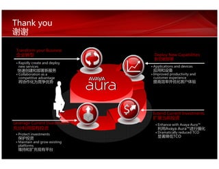 Thank you


 Transform your Business
                               Deploy New Capabilities

  Rapidly create and deploy
  new services                 Applications and devices

  Collaboration as a           Improved productivity and
  competitive advantage        customer experience




                               Extend Current Investments

Leverage Current Investments     Enhance with Avaya Aura™
                                      Avaya Aura™
                                 Dramatically reduced TCO
  Protect investments
                                           TCO
  Maintain and grow existing
  platforms
 