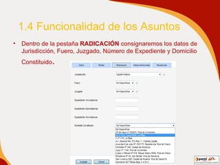 1.4 Funcionalidad de los Asuntos Dentro de la pestaña  RADICACIÓN  consignaremos los datos de Jurisdicción, Fuero, Juzgado, Número de Expediente y Domicilio Constituido . 