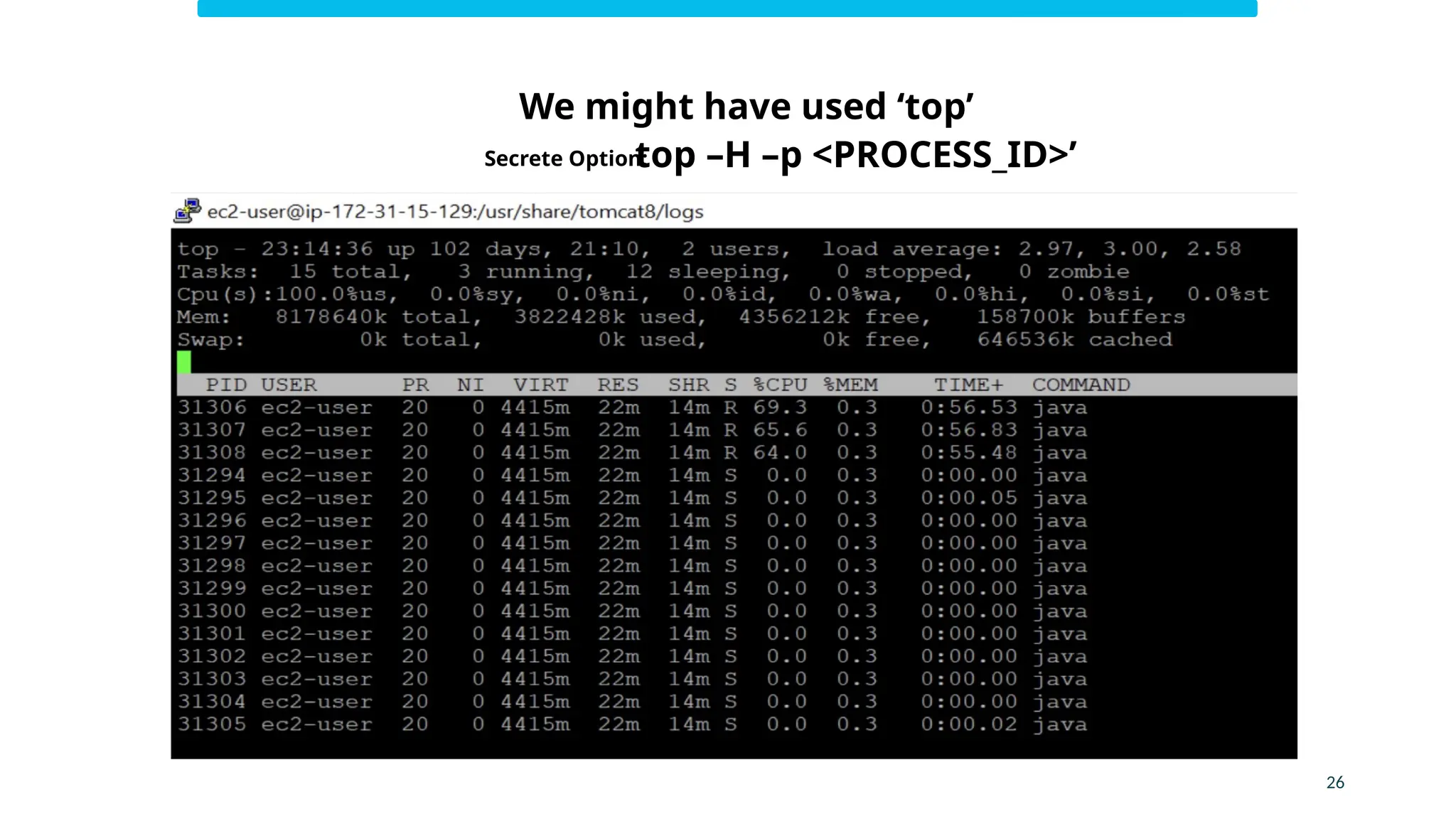top –H –p <PROCESS_ID>’
Secrete Option:
26
We might have used ‘top’
 