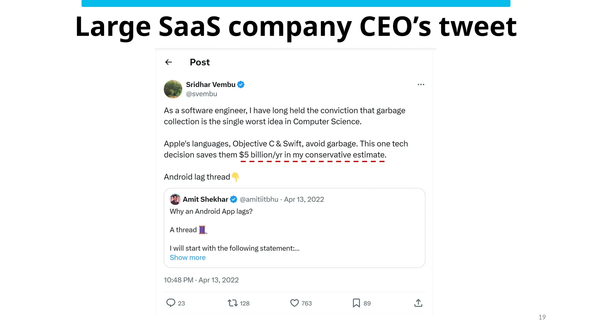 19
Large SaaS company CEO’s tweet
 