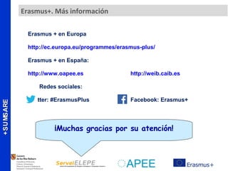 ERASMUS+ERASMUS+
Erasmus + en Europa
http://ec.europa.eu/programmes/erasmus-plus/
Erasmus + en España:
http://www.oapee.es http://weib.caib.es
Redes sociales:
Twitter: #ErasmusPlus Facebook: Erasmus+
Erasmus+. Más información
¡Muchas gracias por su atención!
 