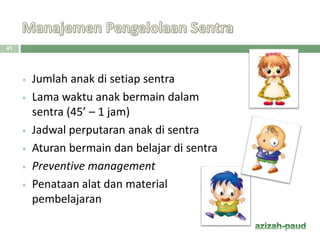  Jumlah anak di setiap sentra
 Lama waktu anak bermain dalam
sentra (45’ – 1 jam)
 Jadwal perputaran anak di sentra
 Aturan bermain dan belajar di sentra
 Preventive management
 Penataan alat dan material
pembelajaran
41
 