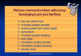 Neraca mencantumkan sekurang-kurangnya pos-pos berikut: kas dan setara kas investasi jangka pendek piutang pajak dan bukan pajak persediaan investasi jangka panjang aset tetap kewajiban jangka pendek kewajiban jangka panjang ekuitas dana [email_address] 