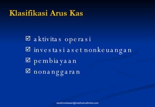 Klasifikasi Arus Kas aktivitas operasi investasi aset nonkeuangan pembiayaan nonanggaran  [email_address] 