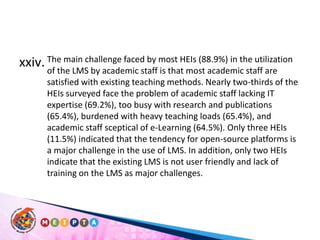 The main challenge faced by most HEIs (88.9%) in the utilization of the LMS by academic staff is that most academic staff are satisfied with existing teaching methods. Nearly two-thirds of the HEIs surveyed face the problem of academic staff lacking IT expertise (69.2%), too busy with research and publications (65.4%), burdened with heavy teaching loads (65.4%), and academic staff sceptical of e-Learning (64.5%). Only three HEIs (11.5%) indicated that the tendency for open-source platforms is a major challenge in the use of LMS. In addition, only two HEIs indicate that the existing LMS is not user friendly and lack of training on the LMS as major challenges. 