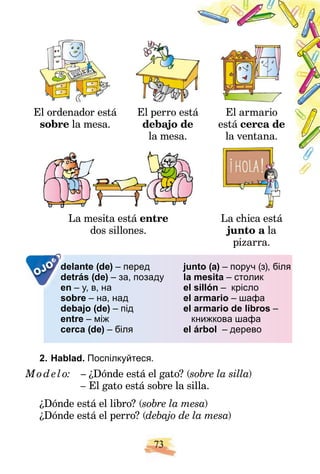73
El ordenador está
sobre la mesa.
El perro está
debajo de
e
la mesa.
El armario
está cerca de
la ventana.
La mesita está entre
dos sillones.
La chica está
junto a la
a
pizarra.
OJO elante (de)
d
d – перед
etrás (de)
d
d – за, позаду
n
en – у, в, на
sobre – на, над
debajo (de) – під
entre – між
cerca (de) – біля
junto (a) – поруч (з), біля
la mesita – столик
el sillón – крісло
el armario – шафа
el armario de libros –
книжкова шафа
el árbol – дерево
2. Hablad. Поспілкуйтеся.
Mod elo: – ¿Dónde está el gato? (sobre la silla
( )
– El gato está sobre la silla.
¿Dónde está el libro? (sobre la mesa
( )
¿Dónde está el perro? (debajo de la mesa)
 