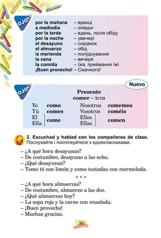 86
OJO a
por la mañana – вранці
a mediodía – опівдні
por la tarde – вдень, після обіду
por la noche – увечері
el desayuno – сніданок
el almuerzo – обід
la merienda – полýднування
la cena – вечеря
la comida – їжа, приймання їжі
ho!
¡Buen provech – Cмачного!
OJO Presente
comer – їсти
Yo como Nosotros comemos
Tú comes Vosotros coméis
El
come
Ellos
comen
Ella
a Ellas
Nuevo
2. Escuchad y hablad con los compañeros de clase.
Послухайте і поспілкуйтеся з однокласниками.
– ¿A qué hora desayunas?
– De costumbre, desayuno a las ocho.
– ¿Qué desayunas?
– Tomo té con limón y como tostadas con mermelada.
* * *
– ¿A qué hora almuerzas?
– De costumbre, almuerzo a las dos.
– ¿Qué almuerzas hoy?
– La sopa roja y la carne con ensalada.
– ¡Buen provecho!
– Muchas gracias.
 